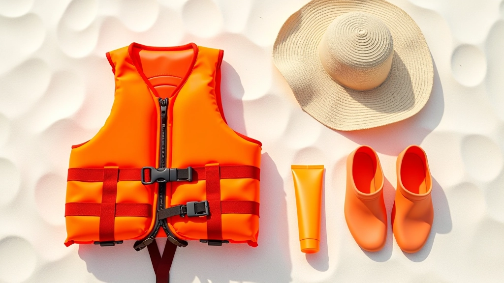 Equipo de seguridad para playa: chaleco salvavidas naranja, zapatos de agua grises, sombrero de ala ancha, toalla azul sobre arena blanca