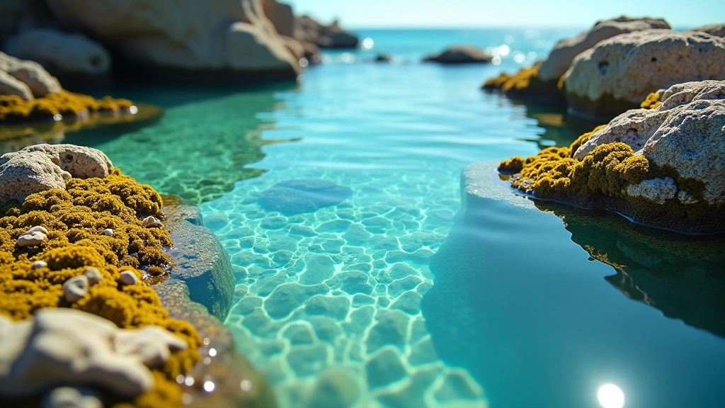 Primer plano de agua cristalina en poza de marea con rocas cubiertas de algas verdes y pardas, reflejos del sol