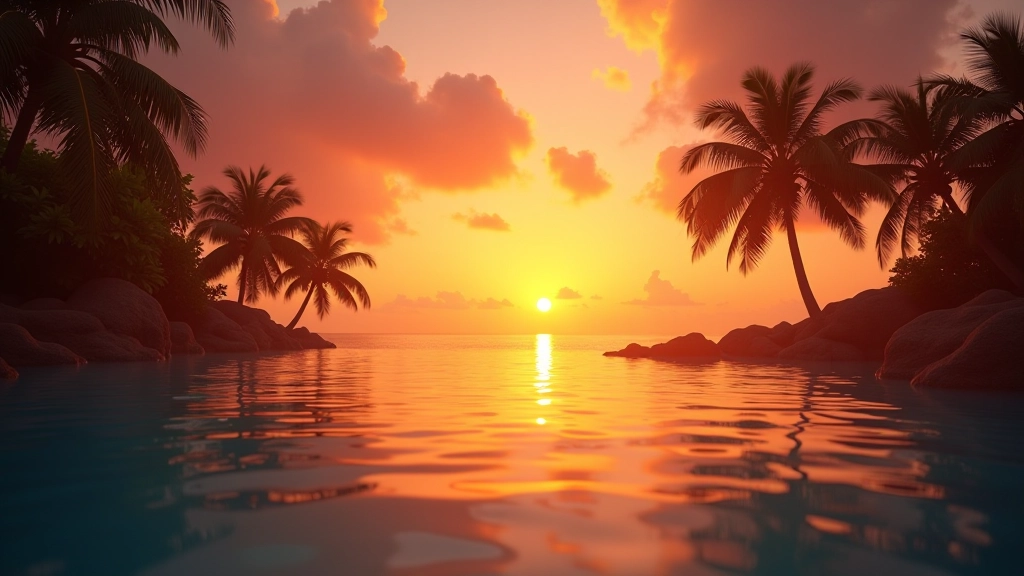 Atardecer dorado en playa coralina con palmeras, agua tranquila reflejando el cielo naranja y rosa
