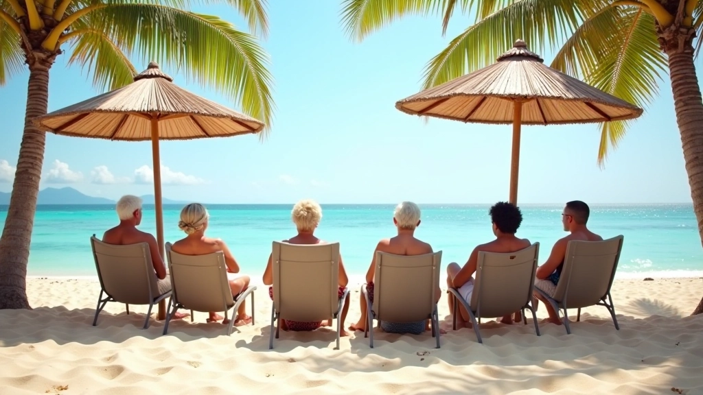 Grupo de personas descansando en la playa bajo sombrilla