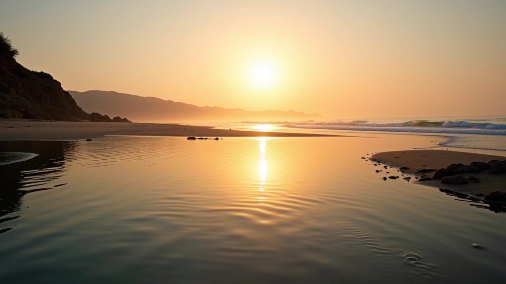 Playa tranquila al amanecer, primeras luces doradas tocando el agua cristalina, pozas de marea con reflejos suaves